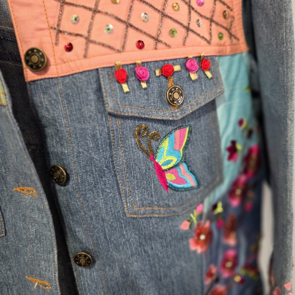 Funky Jean Jacket Berek Takako Sakon Medium Embroidered Butterfly Flowers - Picture 5 of 10